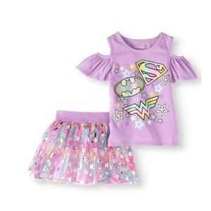 DC COMICS Justice League Toddler Girls' Cold Shoulder Top & Tulle Scooter Skirt